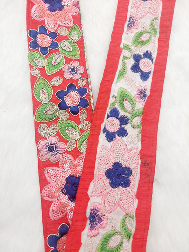 Red Silk Fabric Embroidered Trim, Floral Embroidery Indian Sari Border Trim By Yard Decorative Trim Craft Lace, Sequins Trim